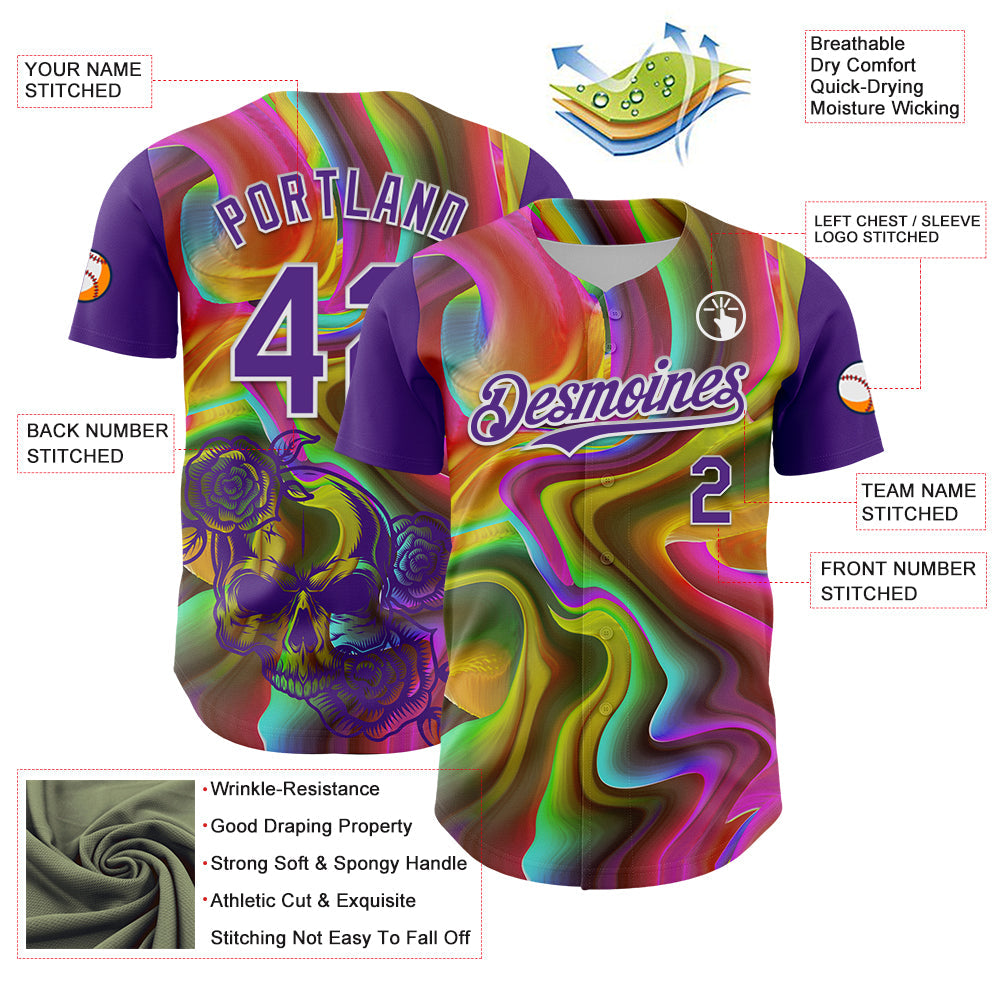 Custom Purple White 3D Pattern Design Rave Psychedelic Liquid And Skull Authentic Baseball Jersey - Sky-Custom