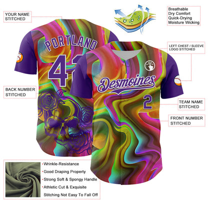 Custom Purple White 3D Pattern Design Rave Psychedelic Liquid And Skull Authentic Baseball Jersey - Sky-Custom