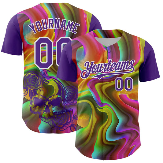 Custom Purple White 3D Pattern Design Rave Psychedelic Liquid And Skull Authentic Baseball Jersey - Sky-Custom