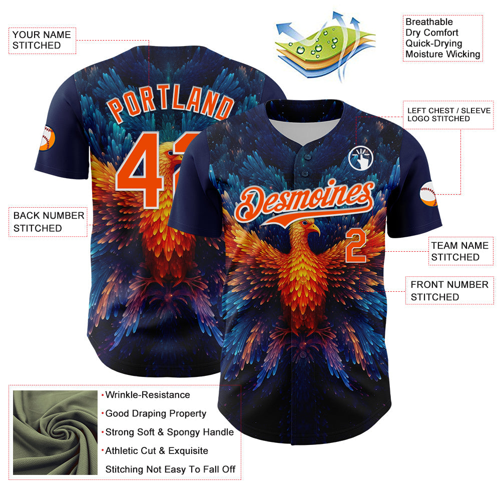 Custom Navy Orange-White 3D Pattern Design Rave Phoenix Authentic Baseball Jersey - Sky-Custom