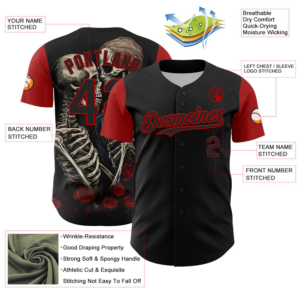 Custom Black Red 3D Pattern Design Rave Gothic Style Authentic Baseball Jersey - Sky-Custom