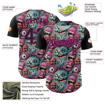 Custom Black Deep Pink 3D Pattern Design Rave Monster Authentic Baseball Jersey - Sky-Custom