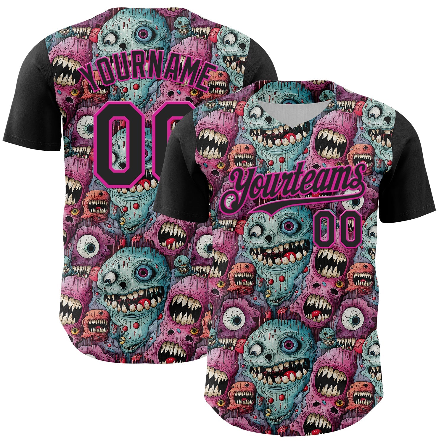 Custom Black Deep Pink 3D Pattern Design Rave Monster Authentic Baseball Jersey - Sky-Custom