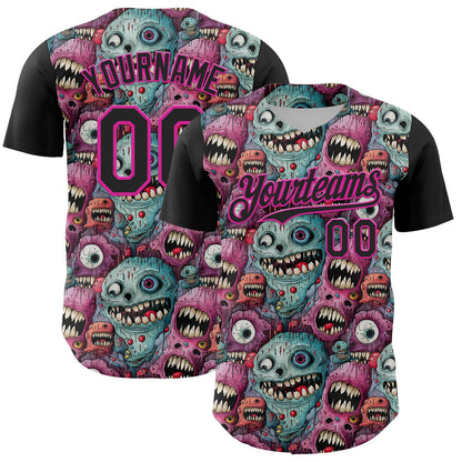 Custom Black Deep Pink 3D Pattern Design Rave Monster Authentic Baseball Jersey - Sky-Custom