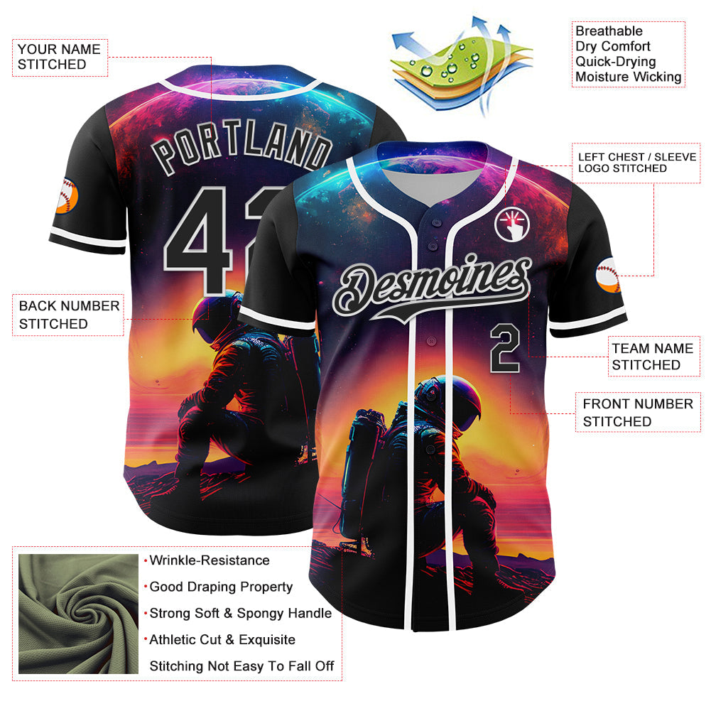 Custom Black White 3D Pattern Design Rave Astronaut Authentic Baseball Jersey - Sky-Custom