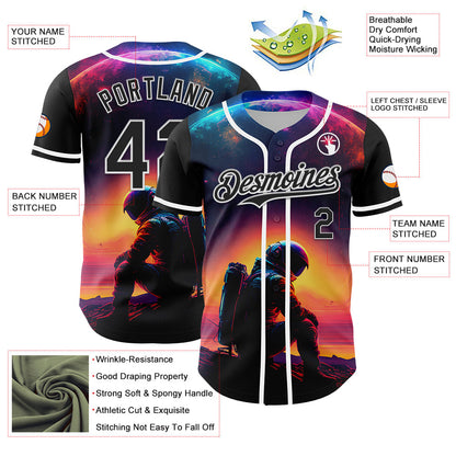 Custom Black White 3D Pattern Design Rave Astronaut Authentic Baseball Jersey - Sky-Custom