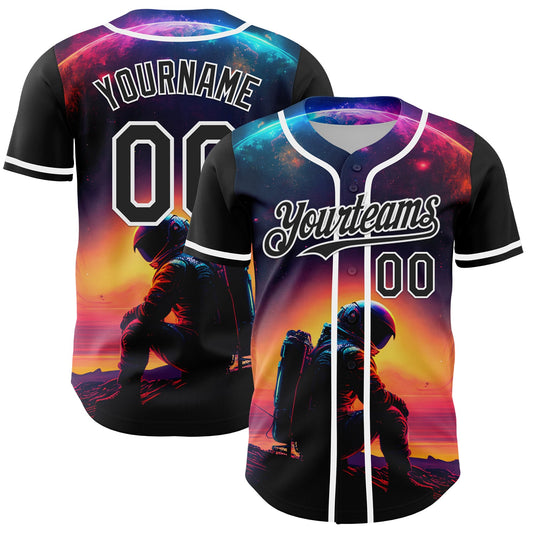 Custom Black White 3D Pattern Design Rave Astronaut Authentic Baseball Jersey - Sky-Custom