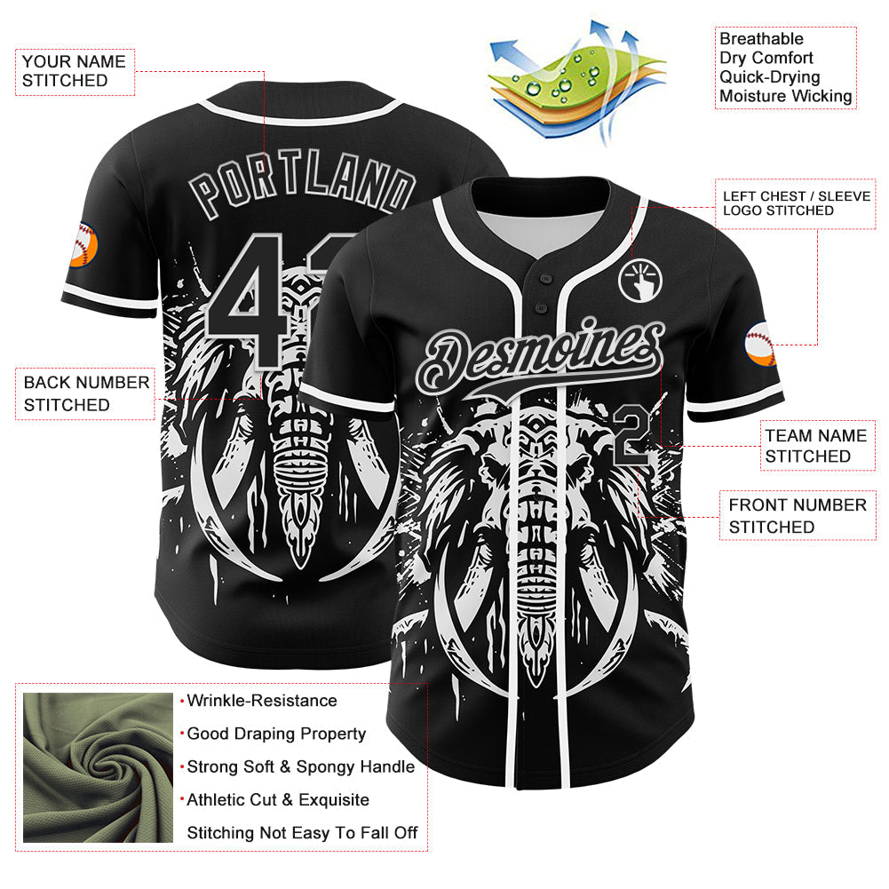 Custom Black White 3D Pattern Design Rave Mastodons Head Authentic Baseball Jersey - Sky-Custom