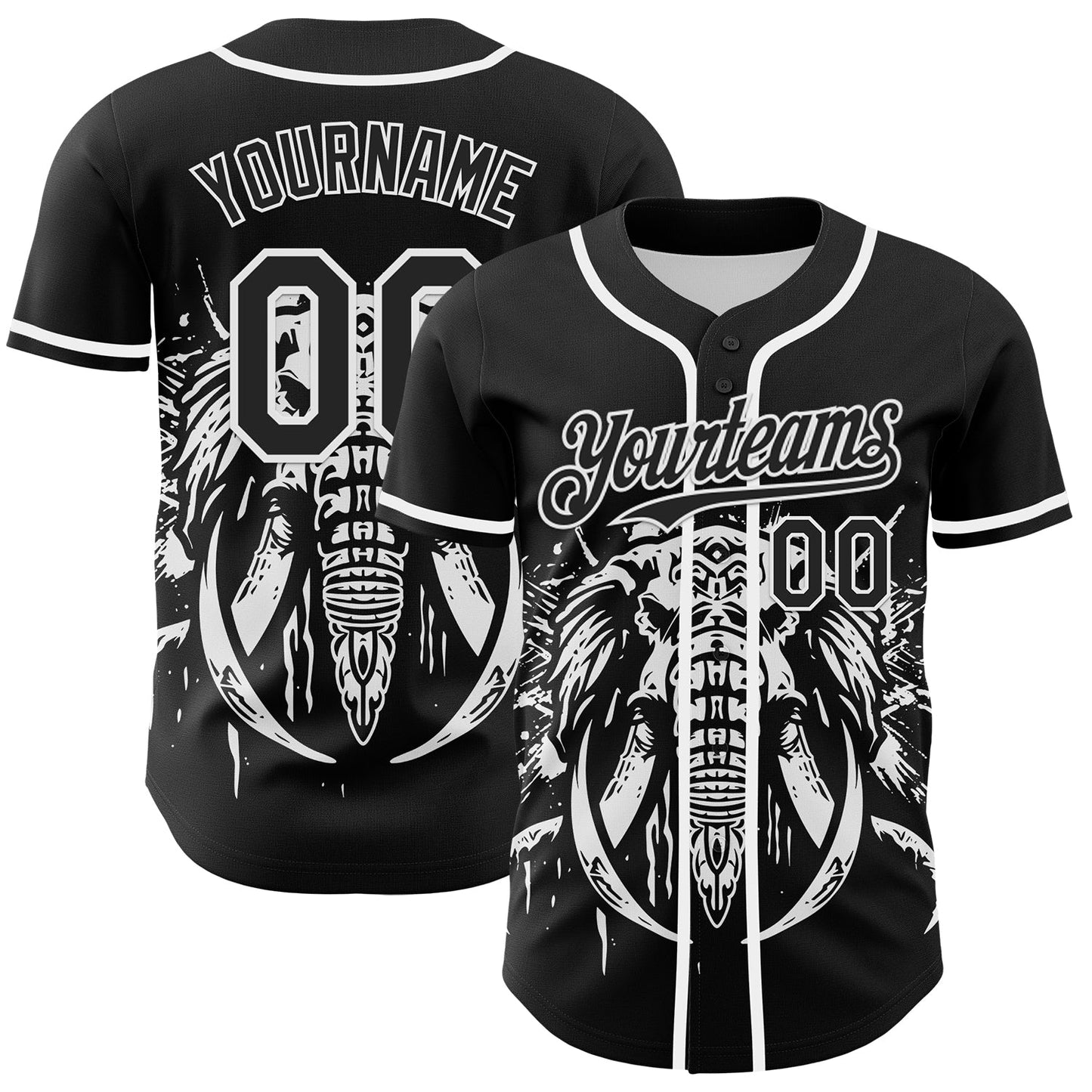 Custom Black White 3D Pattern Design Rave Mastodons Head Authentic Baseball Jersey - Sky-Custom