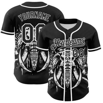 Custom Black White 3D Pattern Design Rave Mastodons Head Authentic Baseball Jersey - Sky-Custom