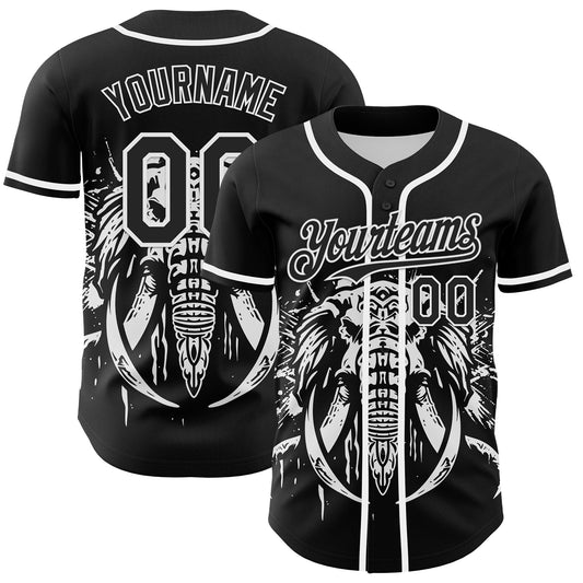 Custom Black White 3D Pattern Design Rave Mastodons Head Authentic Baseball Jersey - Sky-Custom
