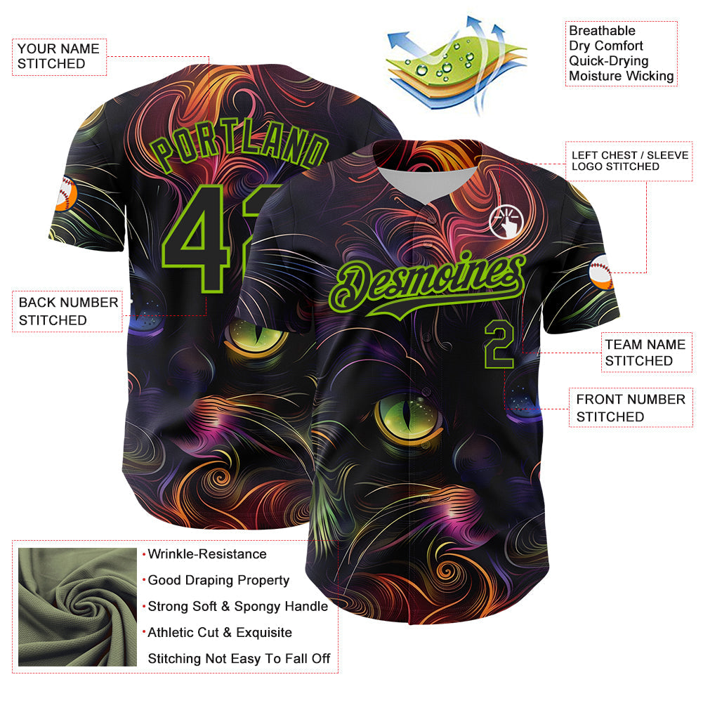 Custom Black Neon Green 3D Pattern Design Rave Animal Cat Authentic Baseball Jersey - Sky-Custom