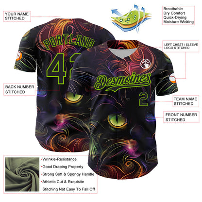 Custom Black Neon Green 3D Pattern Design Rave Animal Cat Authentic Baseball Jersey - Sky-Custom