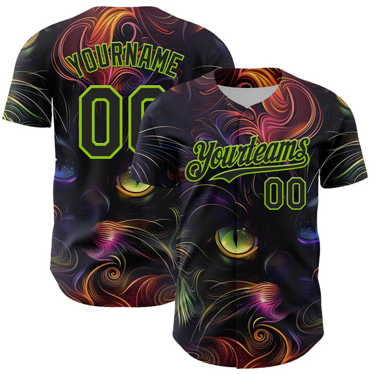 Custom Black Neon Green 3D Pattern Design Rave Animal Cat Authentic Baseball Jersey - Sky-Custom