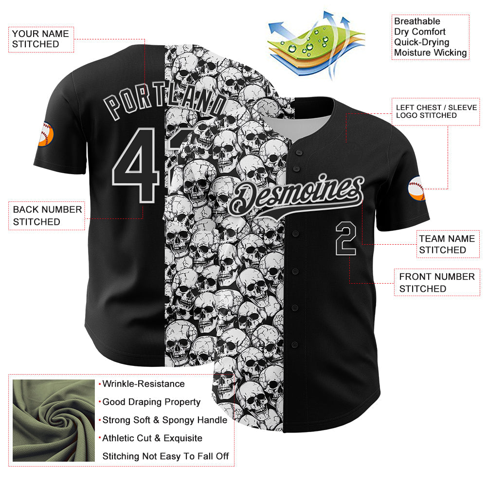 Custom Black White 3D Pattern Design Rave Skull Authentic Baseball Jersey - Sky-Custom