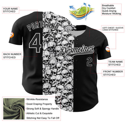 Custom Black White 3D Pattern Design Rave Skull Authentic Baseball Jersey - Sky-Custom