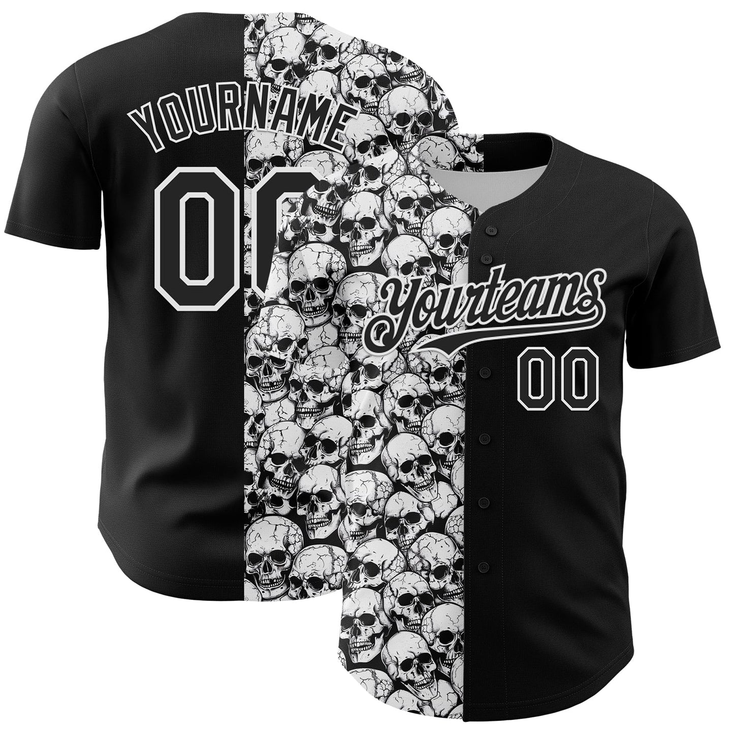 Custom Black White 3D Pattern Design Rave Skull Authentic Baseball Jersey - Sky-Custom