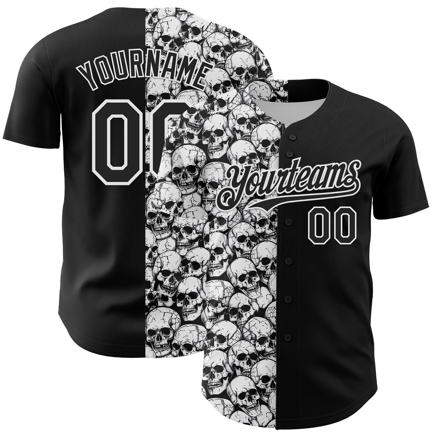 Custom Black White 3D Pattern Design Rave Skull Authentic Baseball Jersey - Sky-Custom
