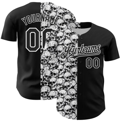 Custom Black White 3D Pattern Design Rave Skull Authentic Baseball Jersey - Sky-Custom