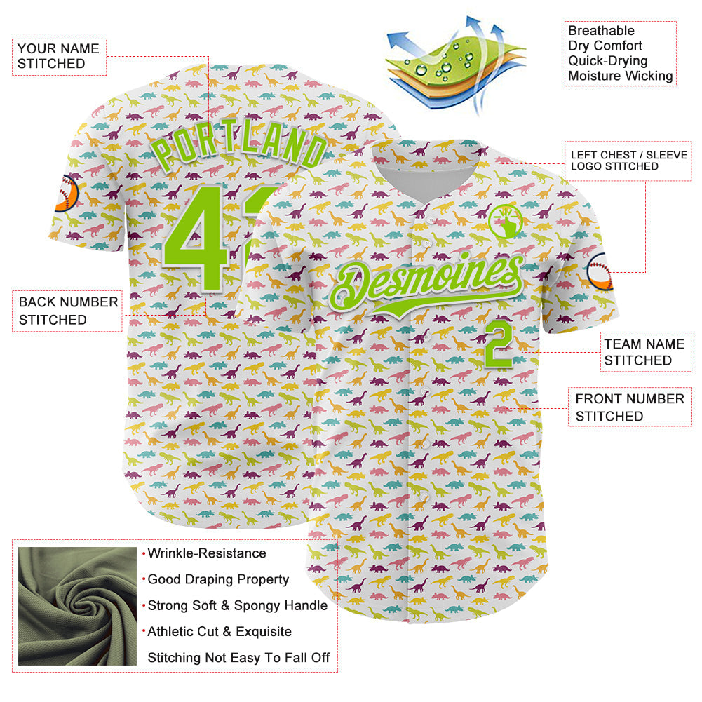 Custom White Neon Green 3D Pattern Design Animal Dinosaur Authentic Baseball Jersey - Sky-Custom