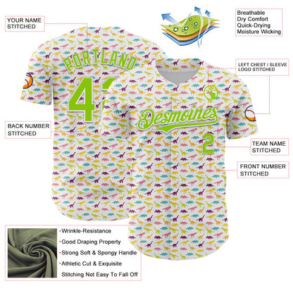 Custom White Neon Green 3D Pattern Design Animal Dinosaur Authentic Baseball Jersey - Sky-Custom