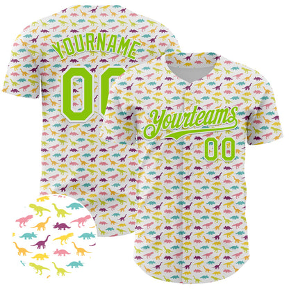 Custom White Neon Green 3D Pattern Design Animal Dinosaur Authentic Baseball Jersey - Sky-Custom