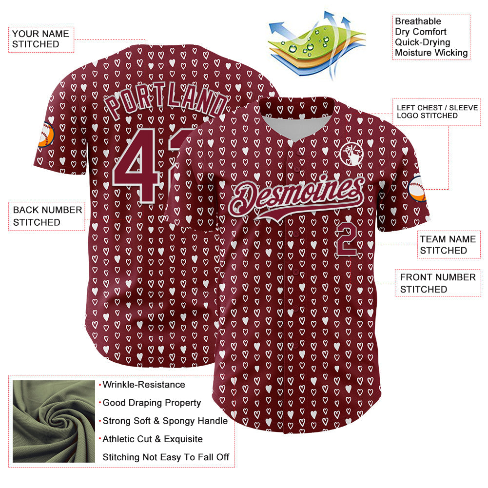 Custom Crimson White 3D Pattern Design Hearts Authentic Baseball Jersey - Sky-Custom