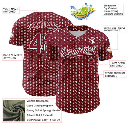 Custom Crimson White 3D Pattern Design Hearts Authentic Baseball Jersey - Sky-Custom