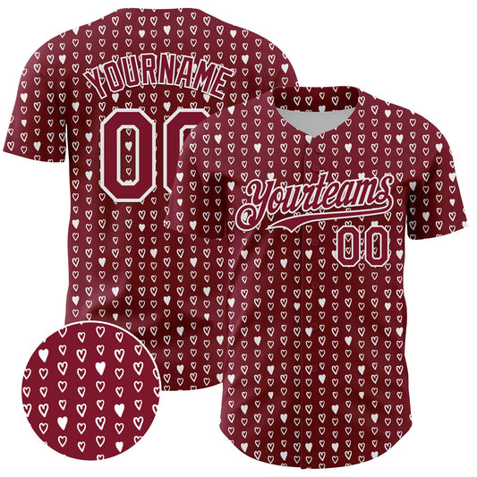 Custom Crimson White 3D Pattern Design Hearts Authentic Baseball Jersey - Sky-Custom