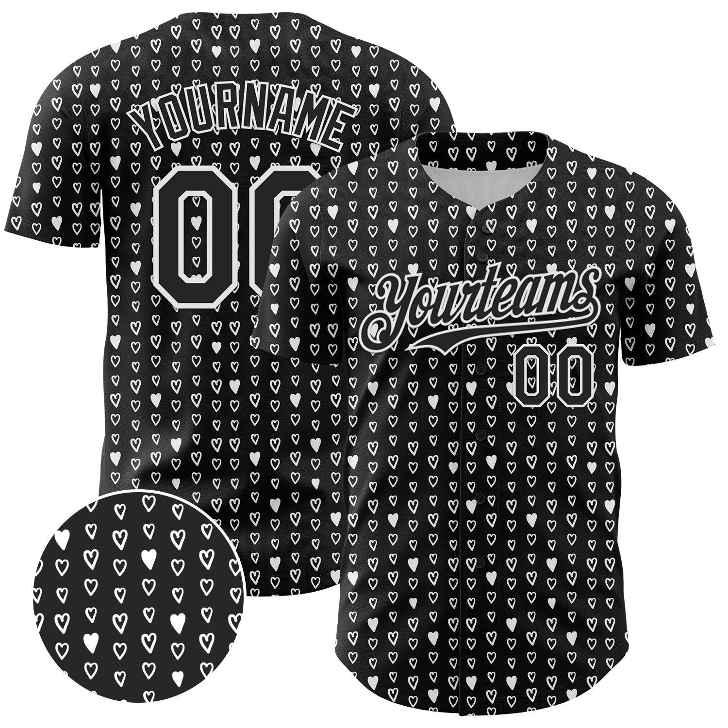 Custom Black White 3D Pattern Design Hearts Authentic Baseball Jersey - Sky-Custom