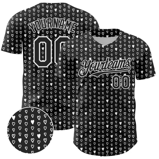 Custom Black White 3D Pattern Design Hearts Authentic Baseball Jersey - Sky-Custom
