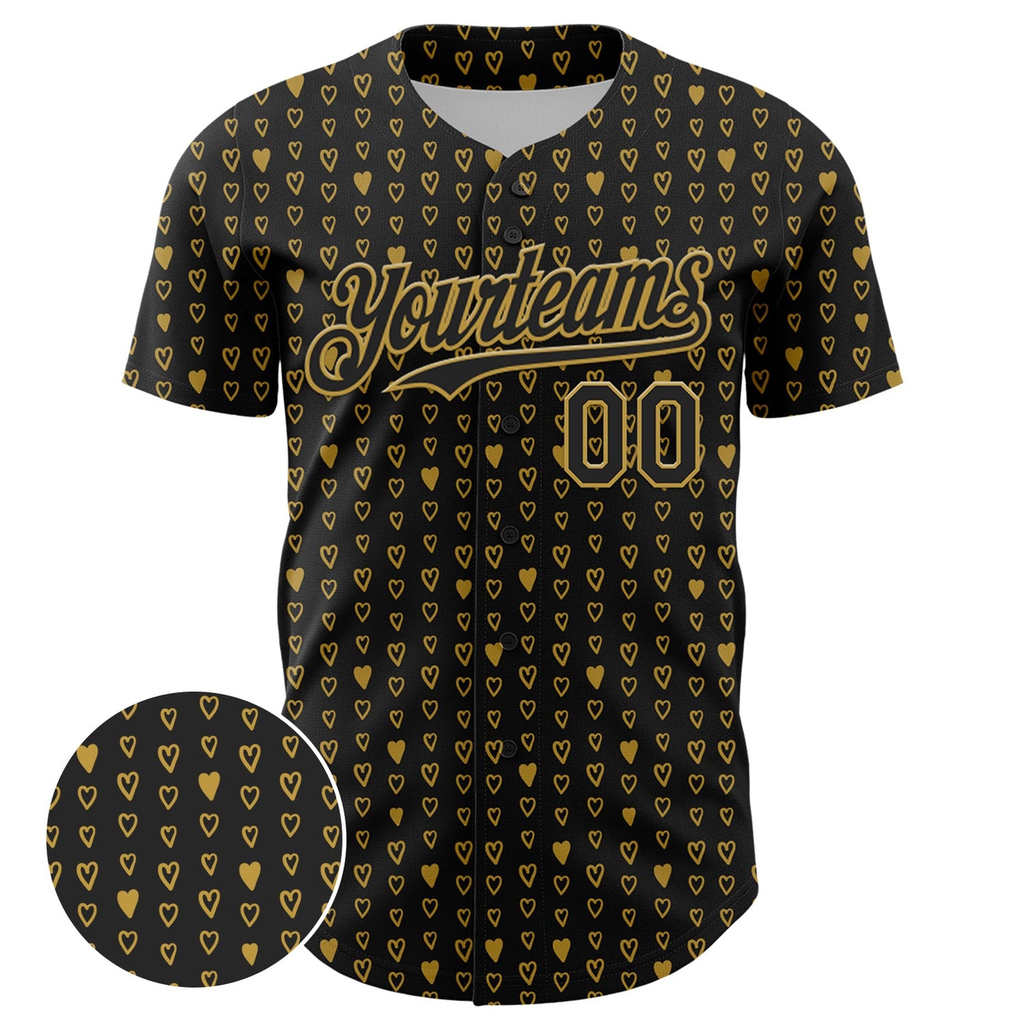 Custom Black Old Gold 3D Pattern Design Hearts Authentic Baseball Jersey - Sky-Custom