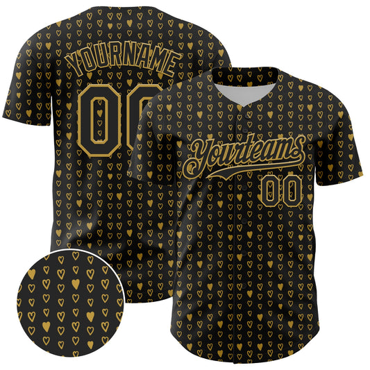 Custom Black Old Gold 3D Pattern Design Hearts Authentic Baseball Jersey - Sky-Custom