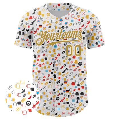 Custom White Old Gold 3D Pattern Design Beer Festival Authentic Baseball Jersey - Sky-Custom