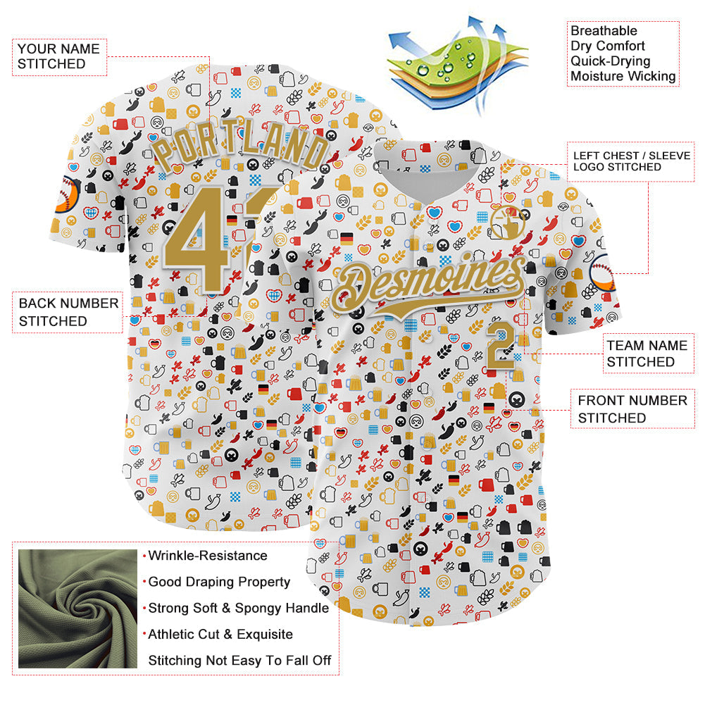 Custom White Old Gold 3D Pattern Design Beer Festival Authentic Baseball Jersey - Sky-Custom