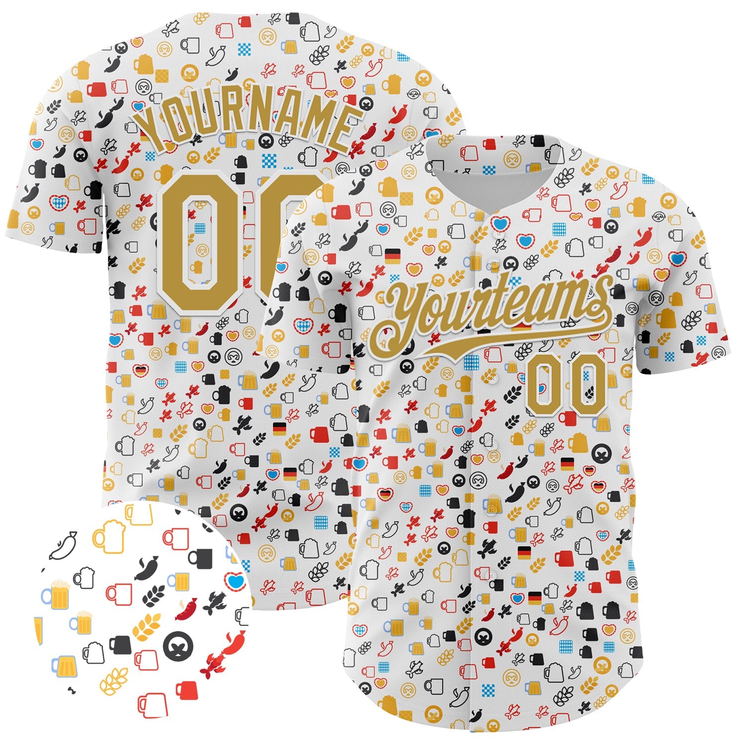 Custom White Old Gold 3D Pattern Design Beer Festival Authentic Baseball Jersey - Sky-Custom