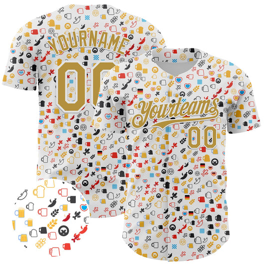 Custom White Old Gold 3D Pattern Design Beer Festival Authentic Baseball Jersey - Sky-Custom