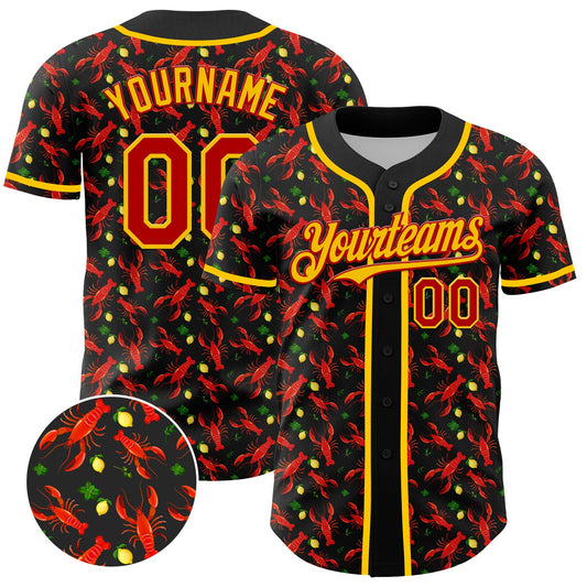 Custom Black Red-Yellow 3D Pattern Design Animal Lobster Fruit Lemon Authentic Baseball Jersey - Sky-Custom