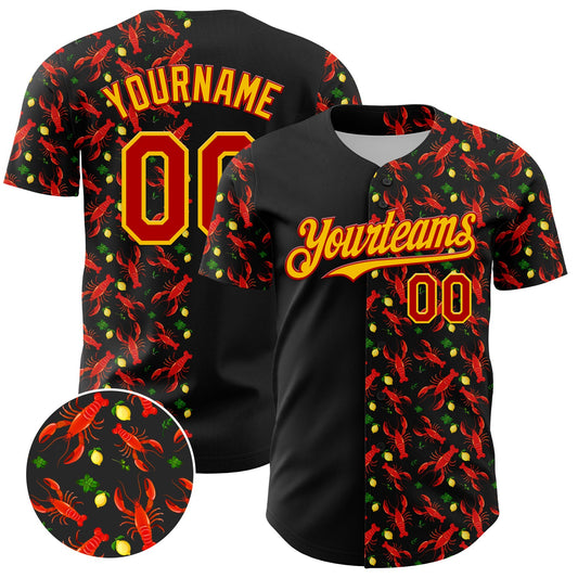 Custom Black Red-Yellow 3D Pattern Design Animal Lobster Fruit Lemon Authentic Baseball Jersey - Sky-Custom