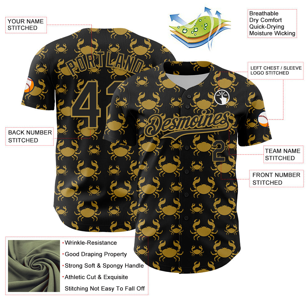 Custom Black Old Gold 3D Pattern Design Animal Crab Fruit Lemon Authentic Baseball Jersey - Sky-Custom