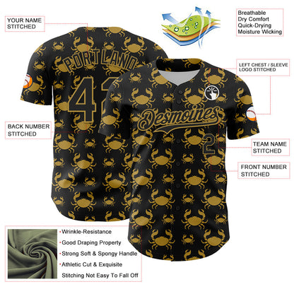 Custom Black Old Gold 3D Pattern Design Animal Crab Fruit Lemon Authentic Baseball Jersey - Sky-Custom