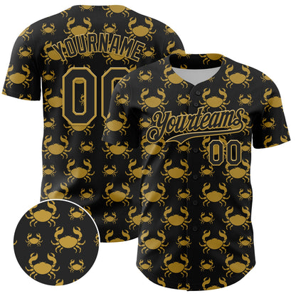 Custom Black Old Gold 3D Pattern Design Animal Crab Fruit Lemon Authentic Baseball Jersey - Sky-Custom