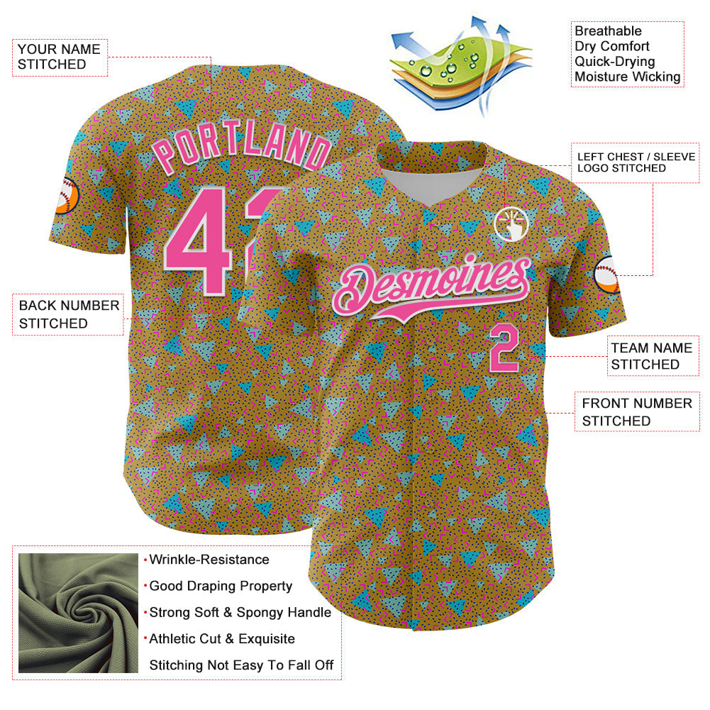 Custom Old Gold Pink-White 3D Pattern Design Geometric Shape Authentic Baseball Jersey - Sky-Custom