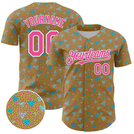 Custom Old Gold Pink-White 3D Pattern Design Geometric Shape Authentic Baseball Jersey - Sky-Custom