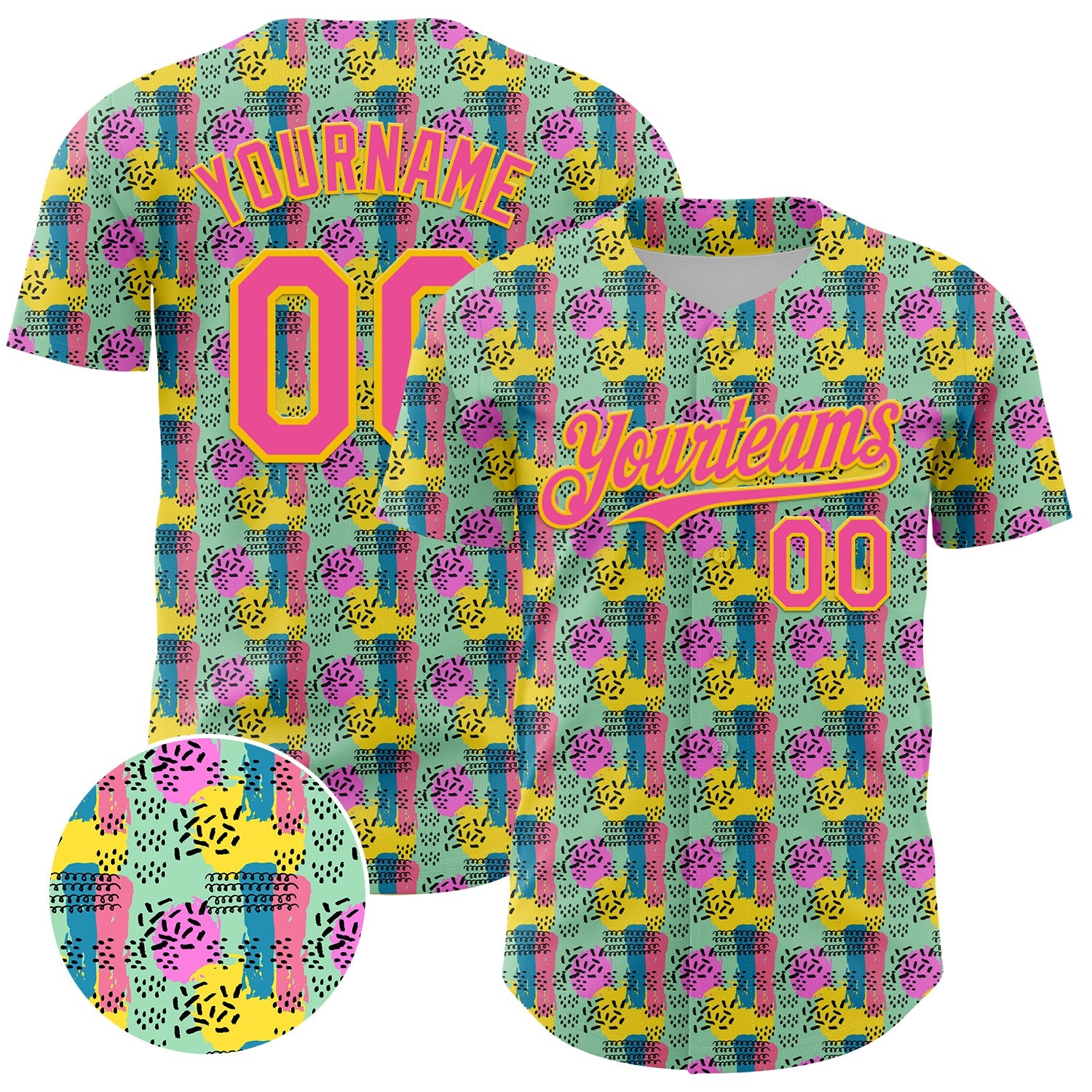 Custom Green Pink-Yellow 3D Pattern Design Color Brush Blocks Authentic Baseball Jersey - Sky-Custom