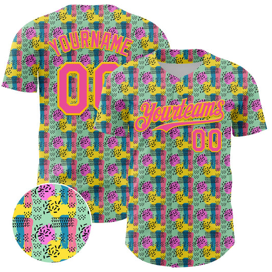 Custom Green Pink-Yellow 3D Pattern Design Color Brush Blocks Authentic Baseball Jersey - Sky-Custom