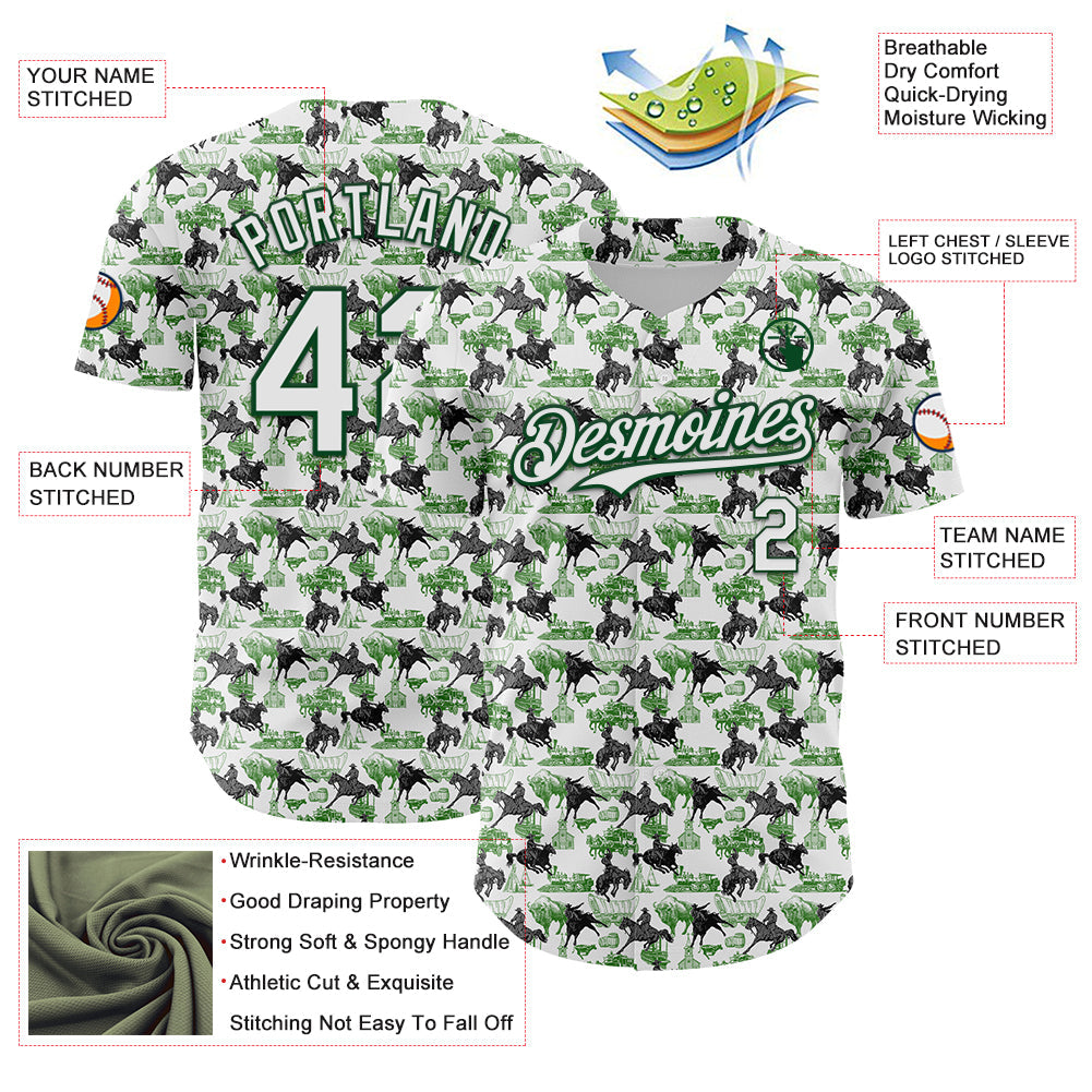 Custom White Green 3D Pattern Design Rodeo Cowboy Authentic Baseball Jersey - Sky-Custom