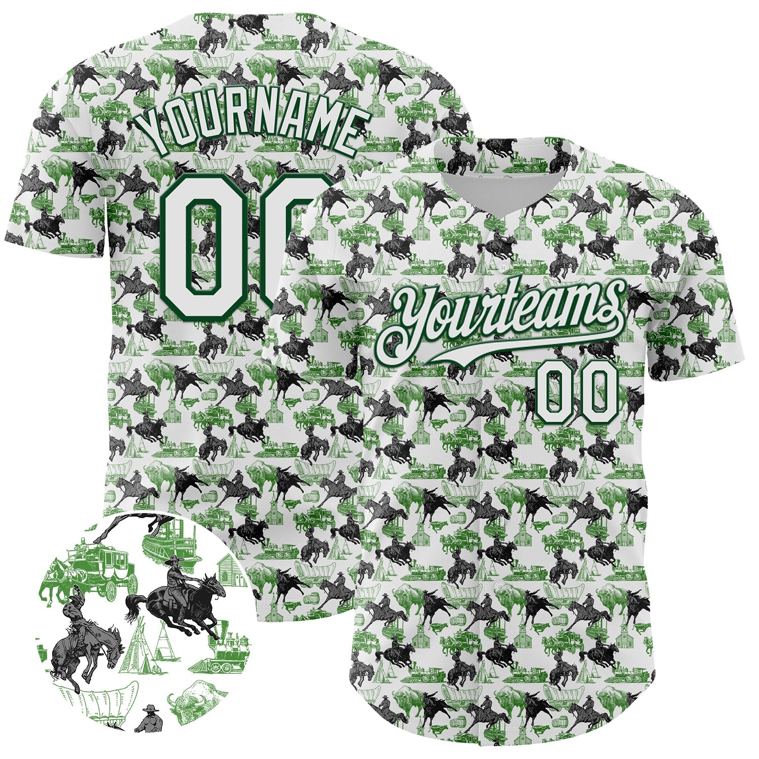Custom White Green 3D Pattern Design Rodeo Cowboy Authentic Baseball Jersey - Sky-Custom