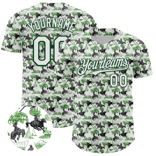 Custom White Green 3D Pattern Design Rodeo Cowboy Authentic Baseball Jersey - Sky-Custom