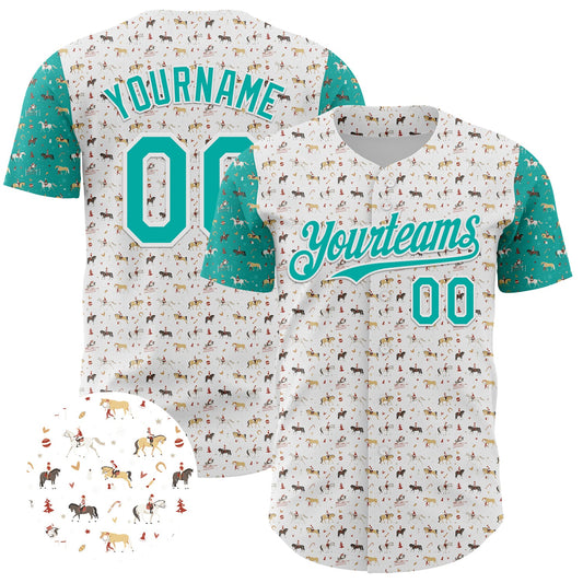 Custom White Aqua 3D Pattern Design Rodeo Cowboy Authentic Baseball Jersey - Sky-Custom